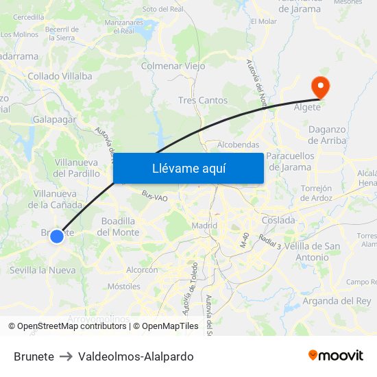 Brunete to Valdeolmos-Alalpardo map