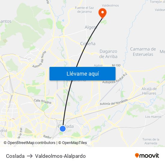 Coslada to Valdeolmos-Alalpardo map