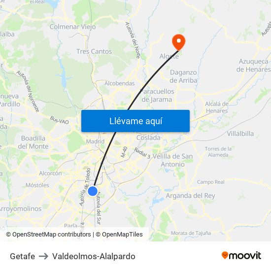 Getafe to Valdeolmos-Alalpardo map
