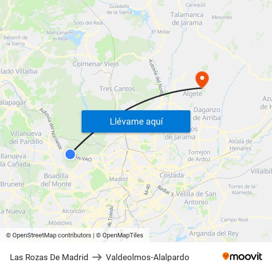 Las Rozas De Madrid to Valdeolmos-Alalpardo map