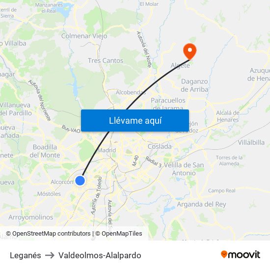 Leganés to Valdeolmos-Alalpardo map