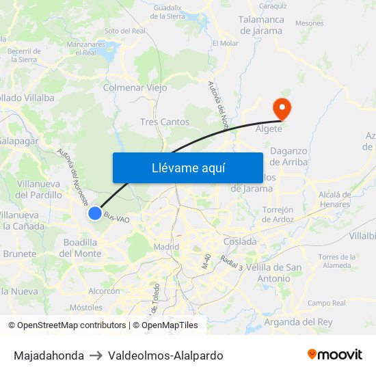 Majadahonda to Valdeolmos-Alalpardo map