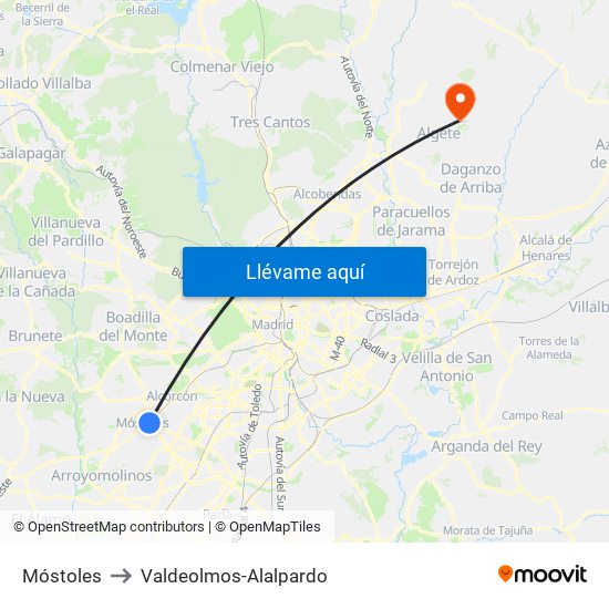 Móstoles to Valdeolmos-Alalpardo map
