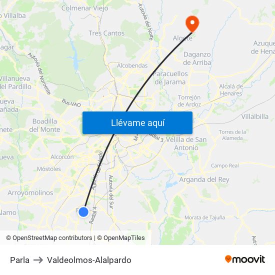 Parla to Valdeolmos-Alalpardo map