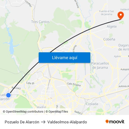 Pozuelo De Alarcón to Valdeolmos-Alalpardo map