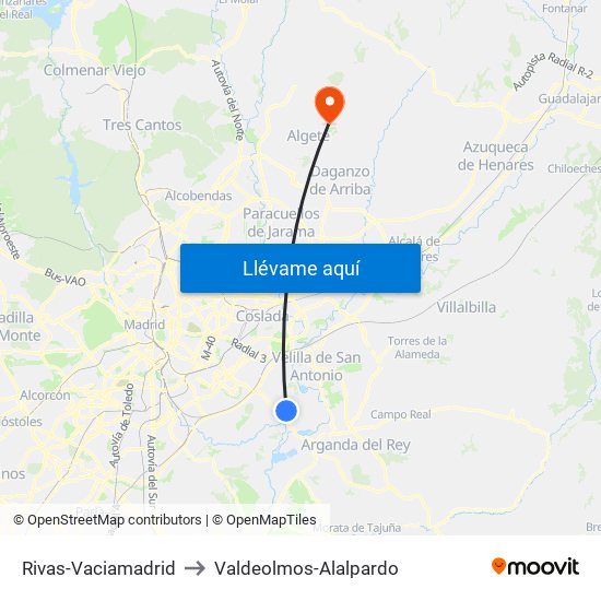 Rivas-Vaciamadrid to Valdeolmos-Alalpardo map