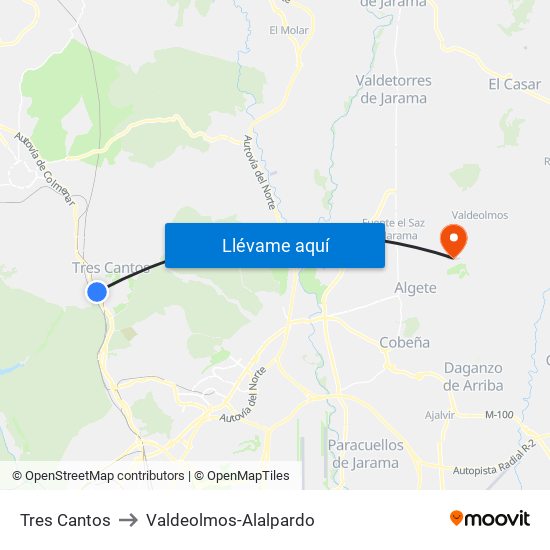 Tres Cantos to Valdeolmos-Alalpardo map