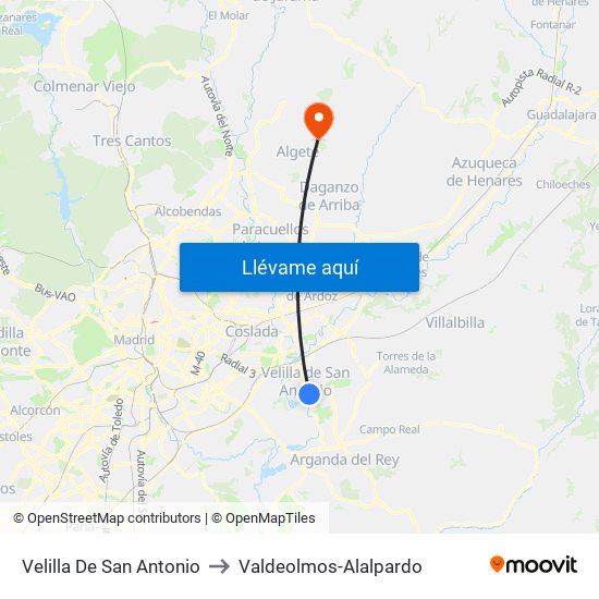 Velilla De San Antonio to Valdeolmos-Alalpardo map