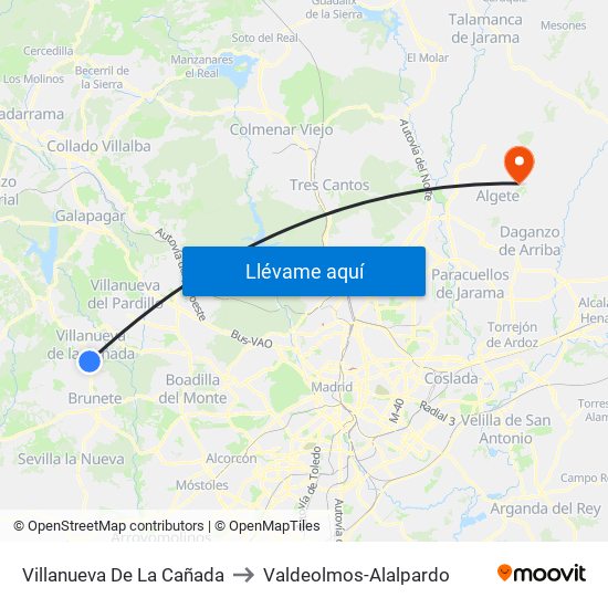 Villanueva De La Cañada to Valdeolmos-Alalpardo map