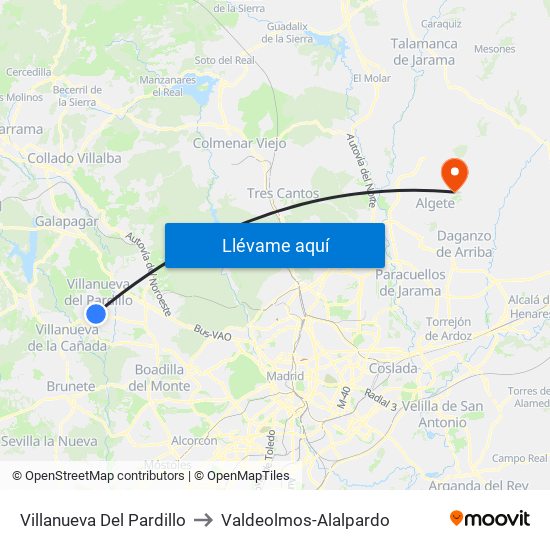 Villanueva Del Pardillo to Valdeolmos-Alalpardo map