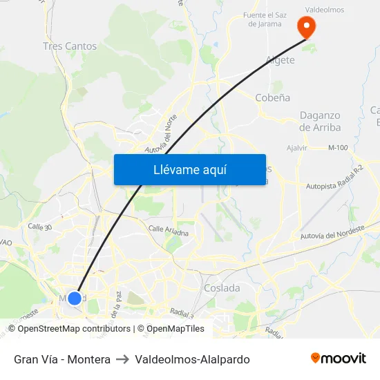 Gran Vía - Montera to Valdeolmos-Alalpardo map