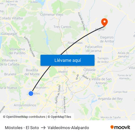 Móstoles - El Soto to Valdeolmos-Alalpardo map