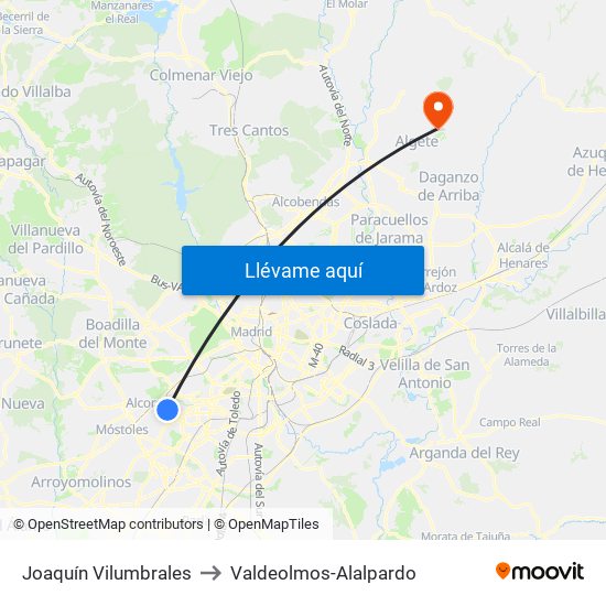Joaquín Vilumbrales to Valdeolmos-Alalpardo map
