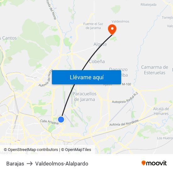 Barajas to Valdeolmos-Alalpardo map