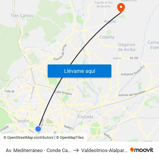 Av. Mediterráneo - Conde Casal to Valdeolmos-Alalpardo map