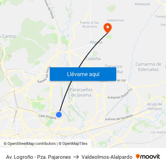 Av. Logroño - Pza. Pajarones to Valdeolmos-Alalpardo map