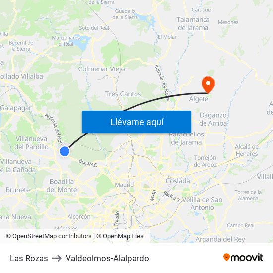 Las Rozas to Valdeolmos-Alalpardo map