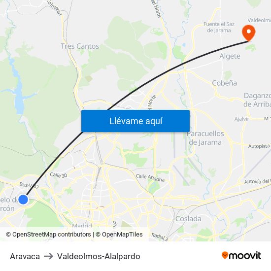 Aravaca to Valdeolmos-Alalpardo map