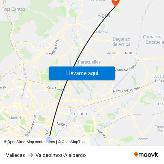 Vallecas to Valdeolmos-Alalpardo map