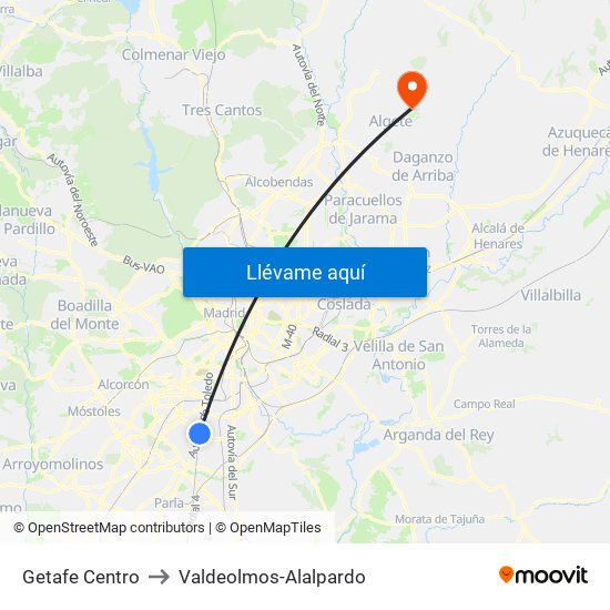 Getafe Centro to Valdeolmos-Alalpardo map