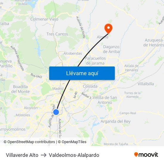 Villaverde Alto to Valdeolmos-Alalpardo map