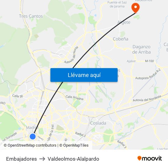 Embajadores to Valdeolmos-Alalpardo map