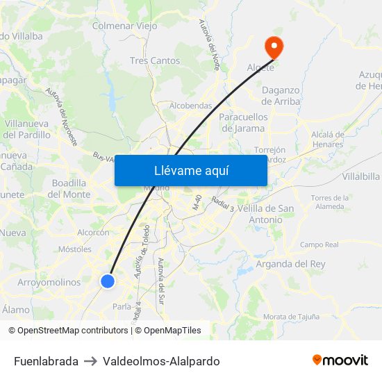 Fuenlabrada to Valdeolmos-Alalpardo map