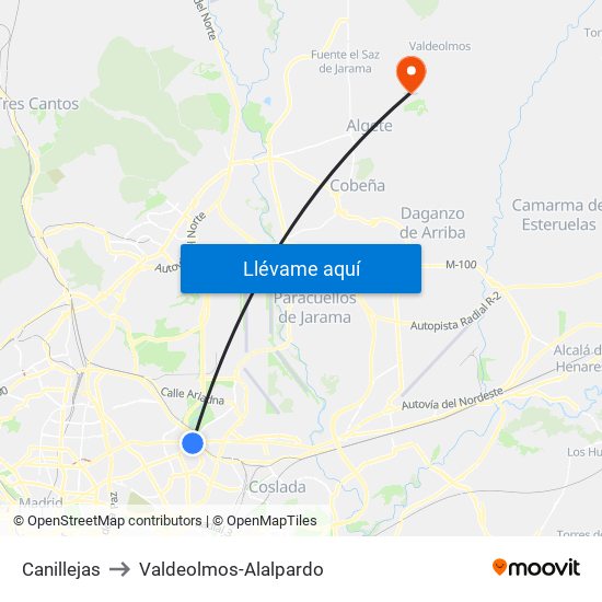 Canillejas to Valdeolmos-Alalpardo map