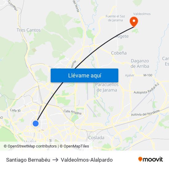 Santiago Bernabéu to Valdeolmos-Alalpardo map