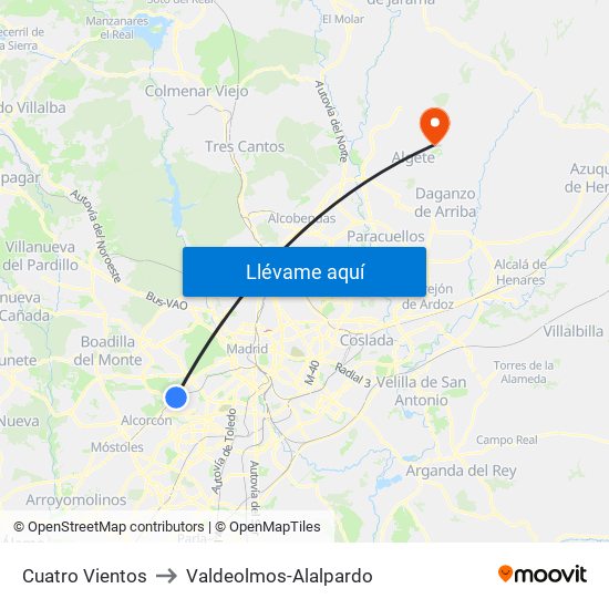 Cuatro Vientos to Valdeolmos-Alalpardo map
