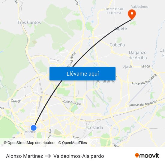 Alonso Martínez to Valdeolmos-Alalpardo map