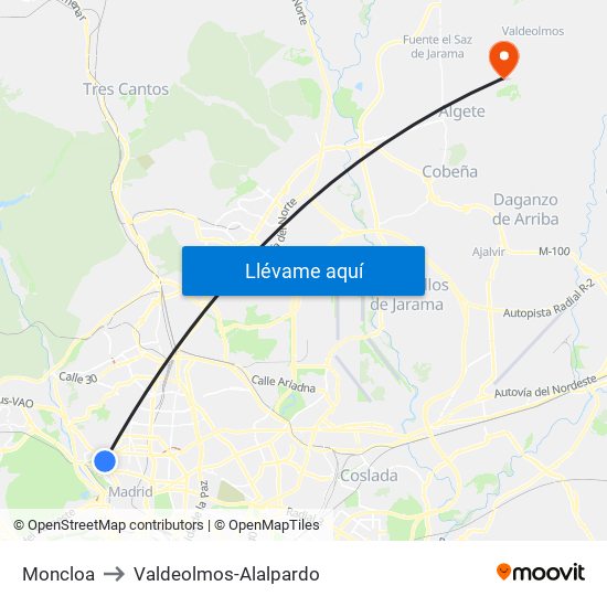 Moncloa to Valdeolmos-Alalpardo map