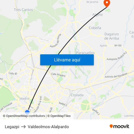 Legazpi to Valdeolmos-Alalpardo map