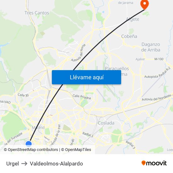 Urgel to Valdeolmos-Alalpardo map