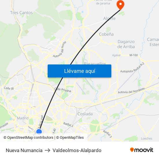 Nueva Numancia to Valdeolmos-Alalpardo map