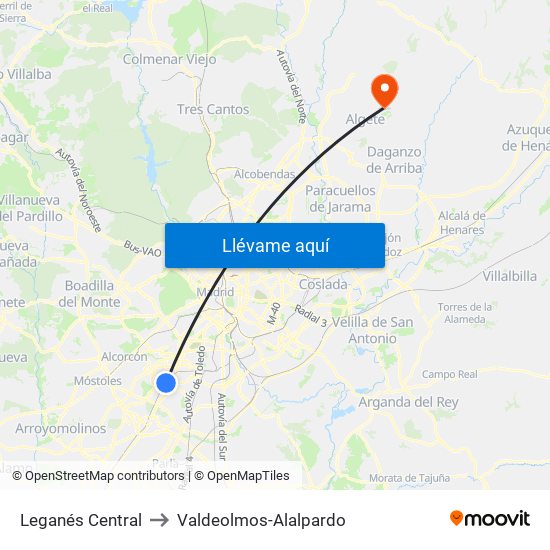 Leganés Central to Valdeolmos-Alalpardo map