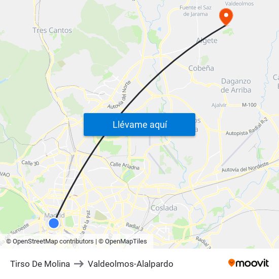 Tirso De Molina to Valdeolmos-Alalpardo map