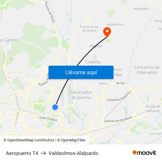 Aeropuerto T4 to Valdeolmos-Alalpardo map