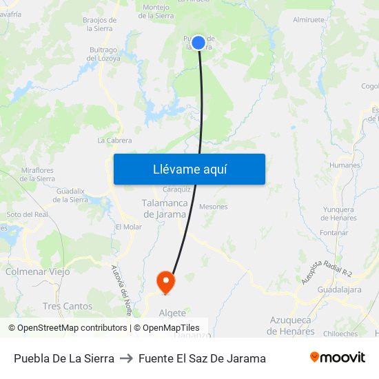 Puebla De La Sierra to Fuente El Saz De Jarama map