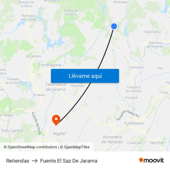Retiendas to Fuente El Saz De Jarama map