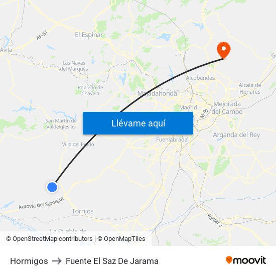 Hormigos to Fuente El Saz De Jarama map