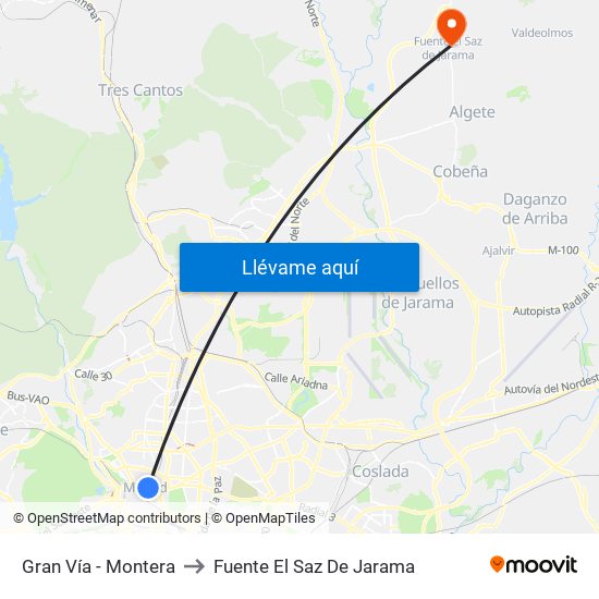 Gran Vía - Montera to Fuente El Saz De Jarama map