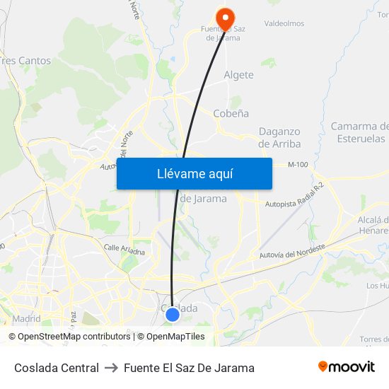 Coslada Central to Fuente El Saz De Jarama map