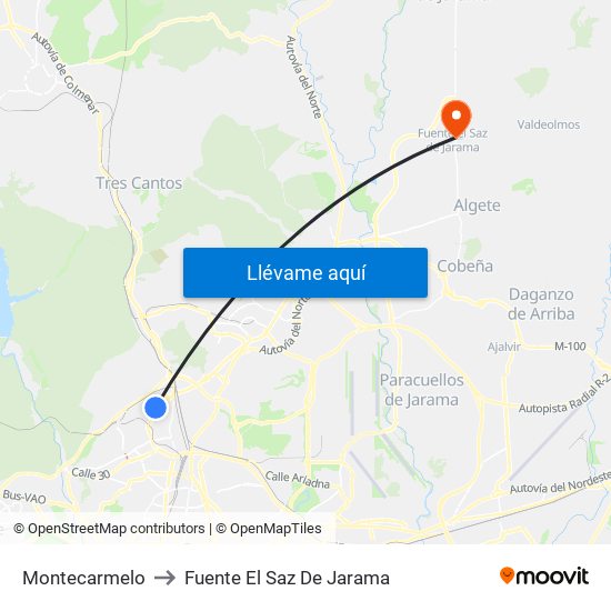 Montecarmelo to Fuente El Saz De Jarama map