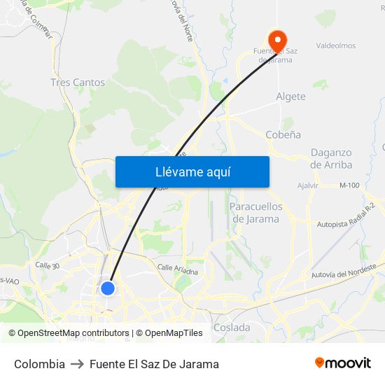 Colombia to Fuente El Saz De Jarama map