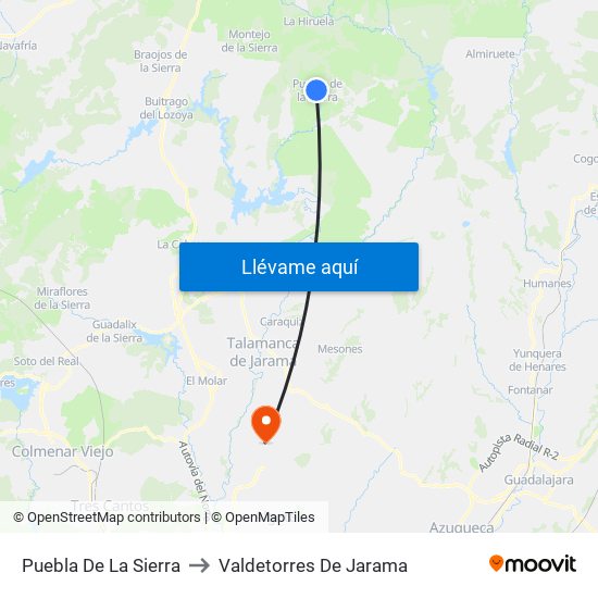 Puebla De La Sierra to Valdetorres De Jarama map