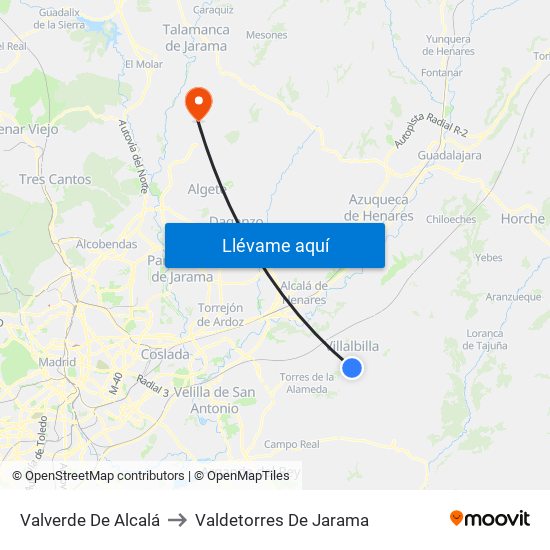 Valverde De Alcalá to Valdetorres De Jarama map