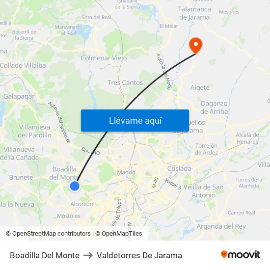 Boadilla Del Monte to Valdetorres De Jarama map