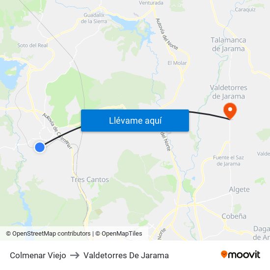 Colmenar Viejo to Valdetorres De Jarama map