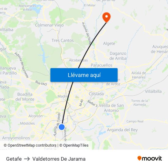 Getafe to Valdetorres De Jarama map